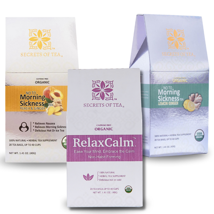 Secrets of Tea morning sickness and RelaxCalm tea packages.